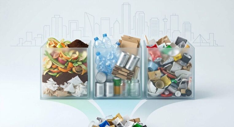 Efficient waste separation with three labeled recycling bins for paper, plastics, and metals. Promotes eco-friendly disposal and environmental sustainability.
