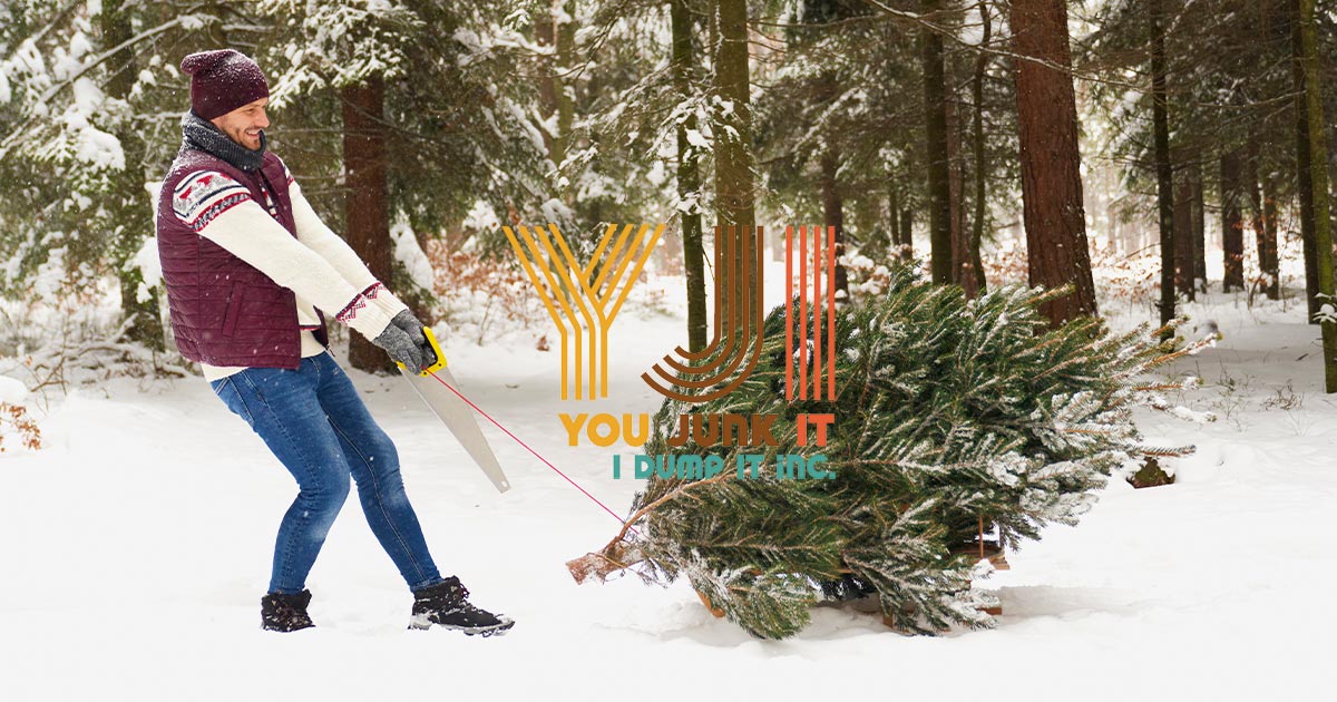 a person holding a saw and carrying a christmas tree