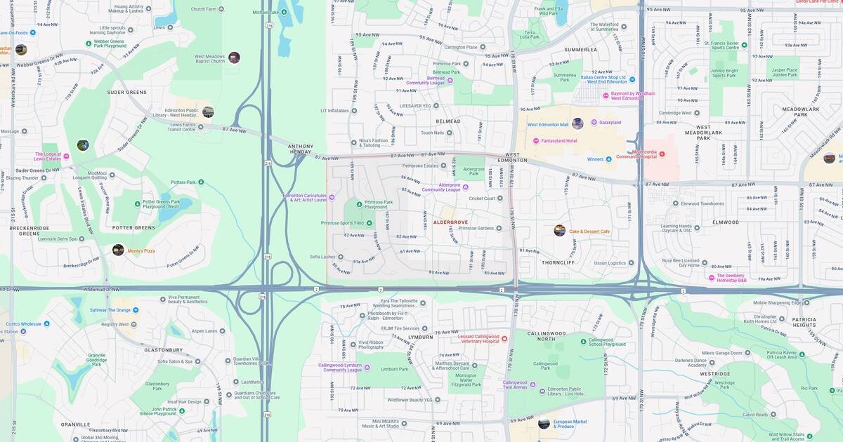 Lyndhurst Park and surrounding neighborhoods in Edmonton, Alberta, showing local amenities, parks, schools, and transportation routes.