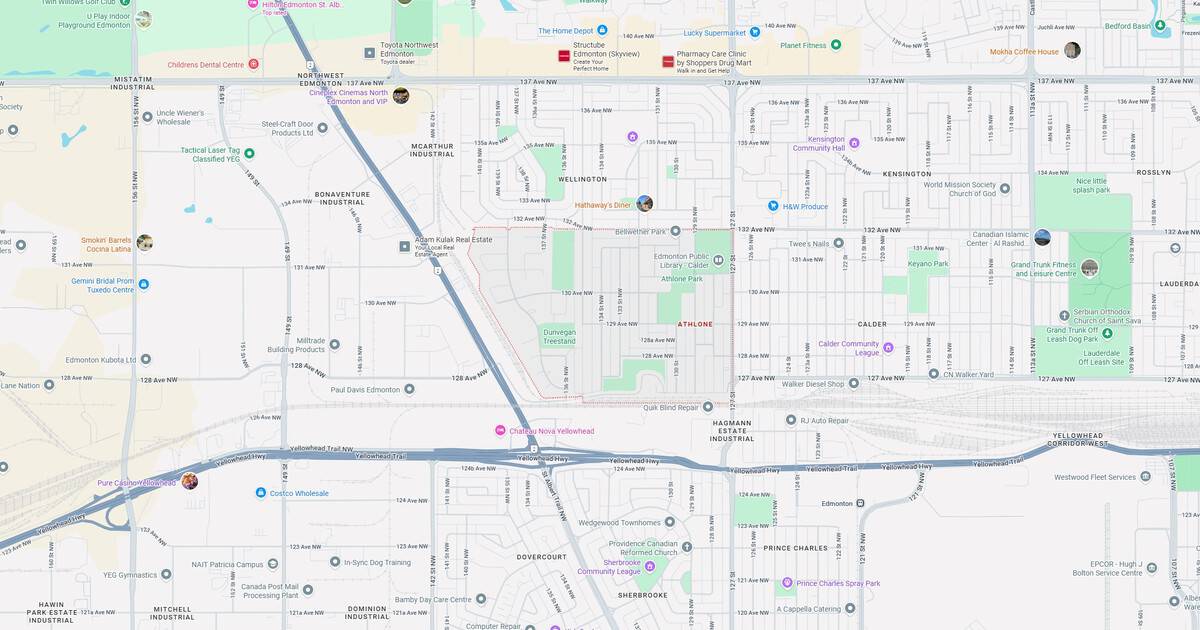 Atmospheric map of Edmonton showing neighborhoods, parks, landmarks, and main roads with localized points of interest.