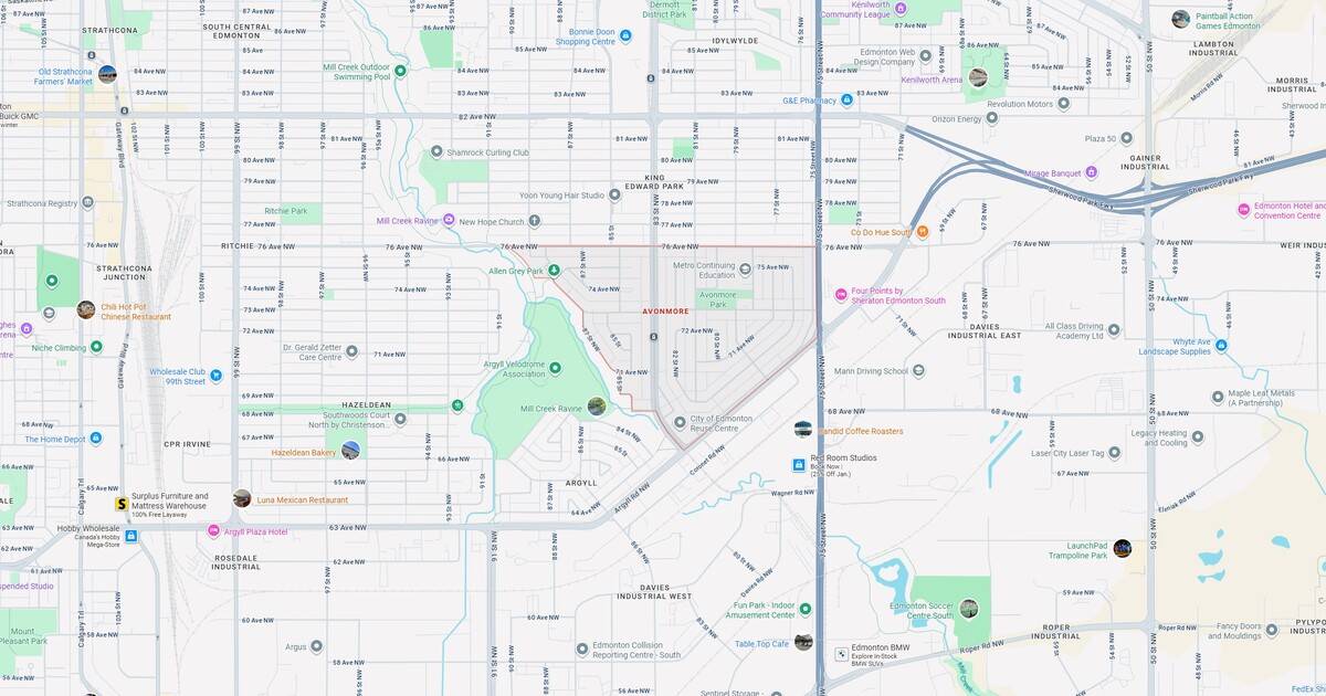 1. Map of Edmonton highlighting parks, streets, landmarks, and local businesses in a detailed city layout.