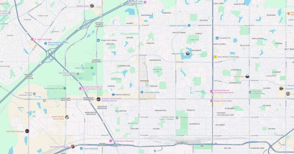 Detailed Edmonton city map highlighting neighborhoods, parks, commercial areas, and transit routes in a clear and informative layout.