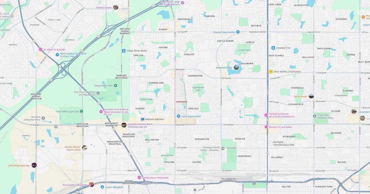 Detailed Edmonton city map highlighting neighborhoods, parks, commercial areas, and transit routes in a clear and informative layout.