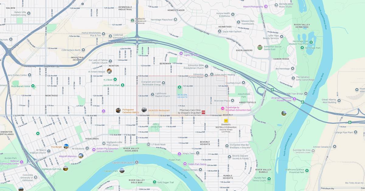 Detailed map of Edmonton neighborhoods and landmarks.