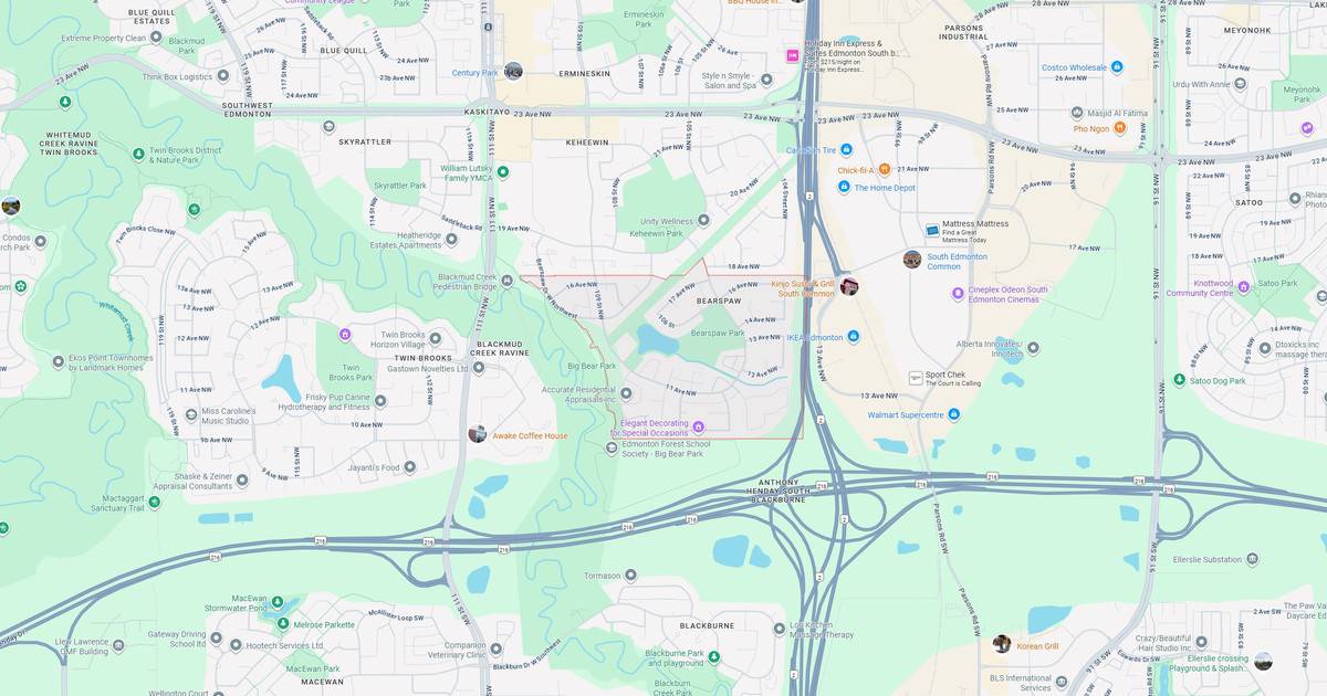 Detailed map of Blackmud Creek Ravine with pathways, landmarks, and surrounding neighborhoods in Edmonton, Alberta.