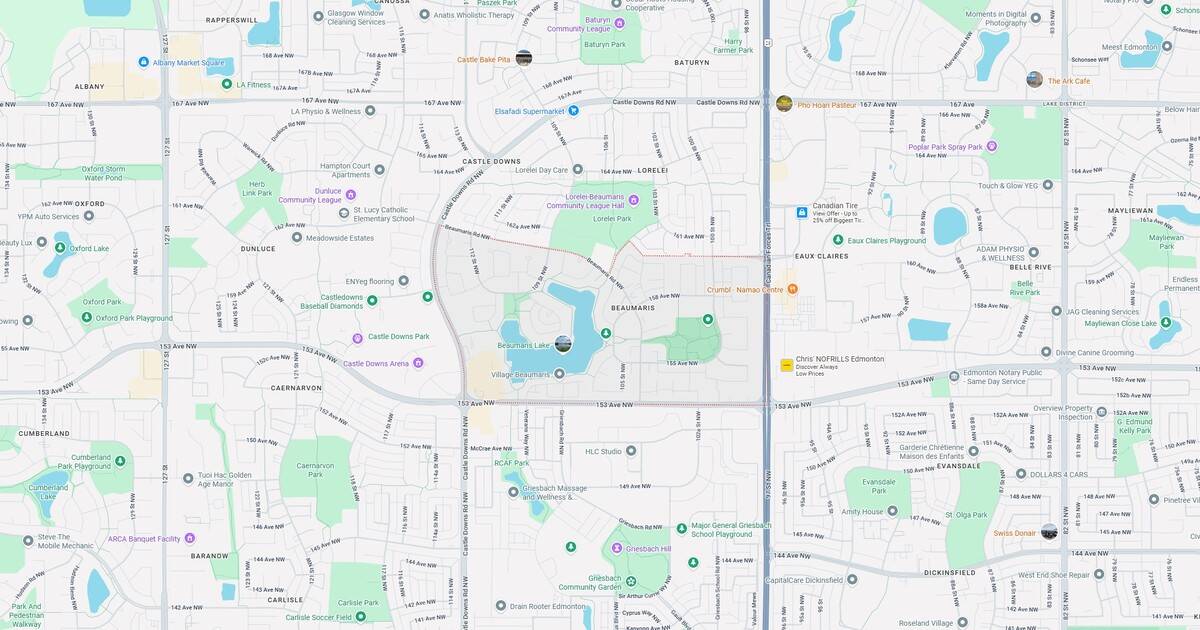 Detailed map of Castle Downs neighborhood in Edmonton, showcasing parks, lakes, schools, recreation areas, and streets for local navigation and community planning.