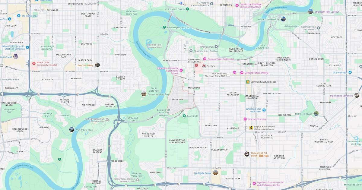 Detailed Edmonton neighborhood map highlighting Jasper Place, parks, landmarks, and transportation routes in Edmonton, Alberta.