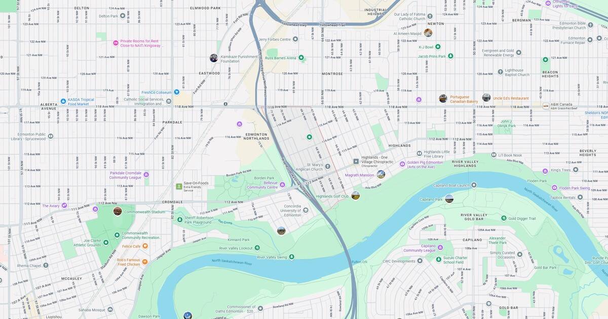 Public parks, streets, landmarks, and recreational areas in Edmonton's River Valley.