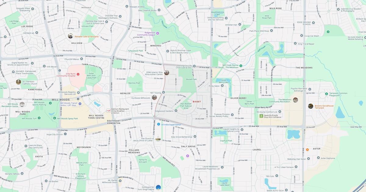 Colorful map of Edmonton featuring parks, schools, and community facilities in a detailed city layout.