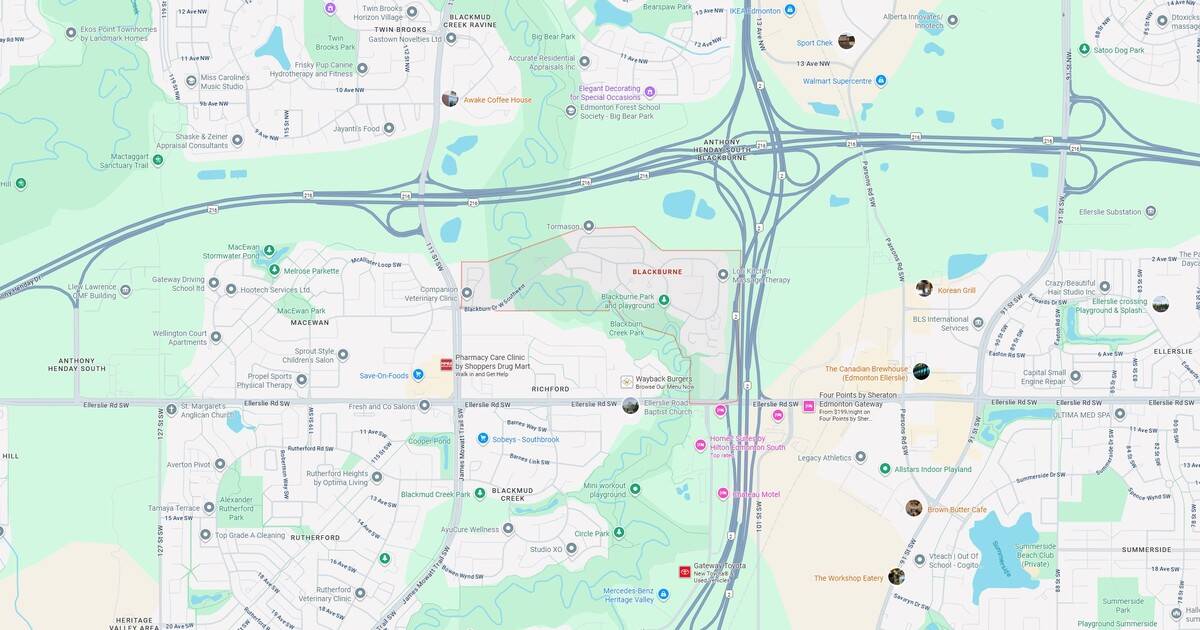 Detailed map showing community locations and parks in Blackburne, Edmonton, including parks, schools, restaurants, and recreational areas. Perfect for residents and visitors exploring the neighborhood.
