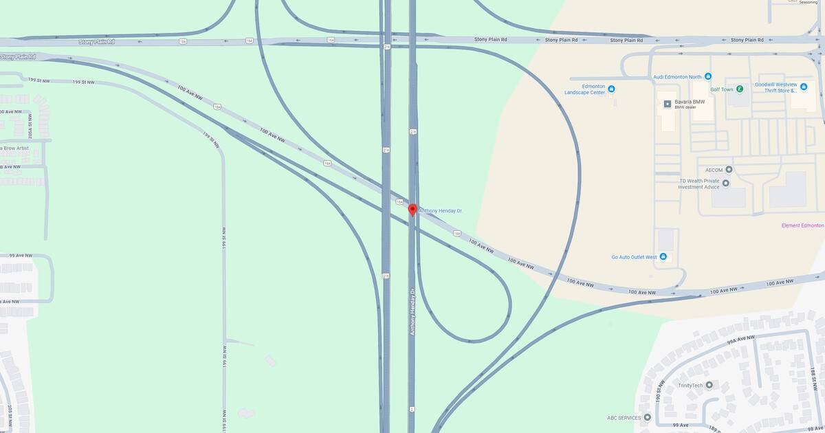Detailed map of Anthony Henday Drive and 100 Avenue NW interchange in Edmonton showing highways, ramps, and surrounding landmarks.