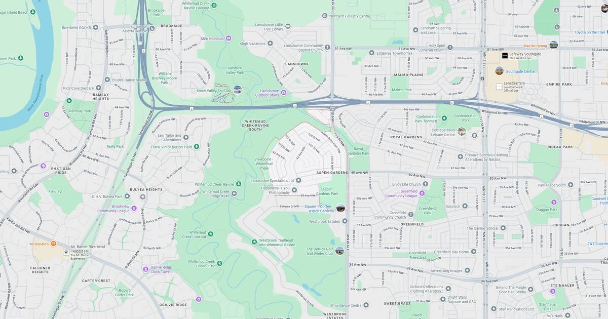 Lansdowne neighborhood map showing parks, streets, and landmarks in Edmonton, AB. Features Lansdowne Community, parks, trails, and key nearby attractions such as Royal Gardens Park and Lansdowne Outdoor Stairs.