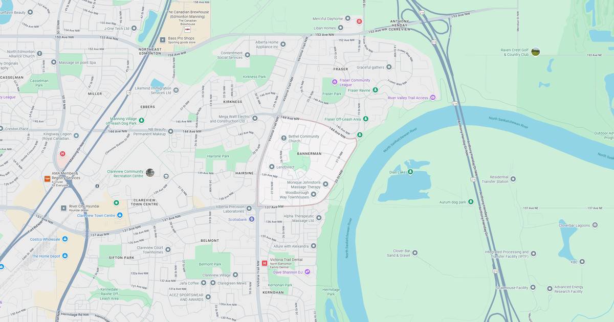 Map of Edmonton with neighborhoods, parks, and landmarks including North Saskatchewan River, Clover Bar Sand & Gravel, and various local facilities and recreational areas.