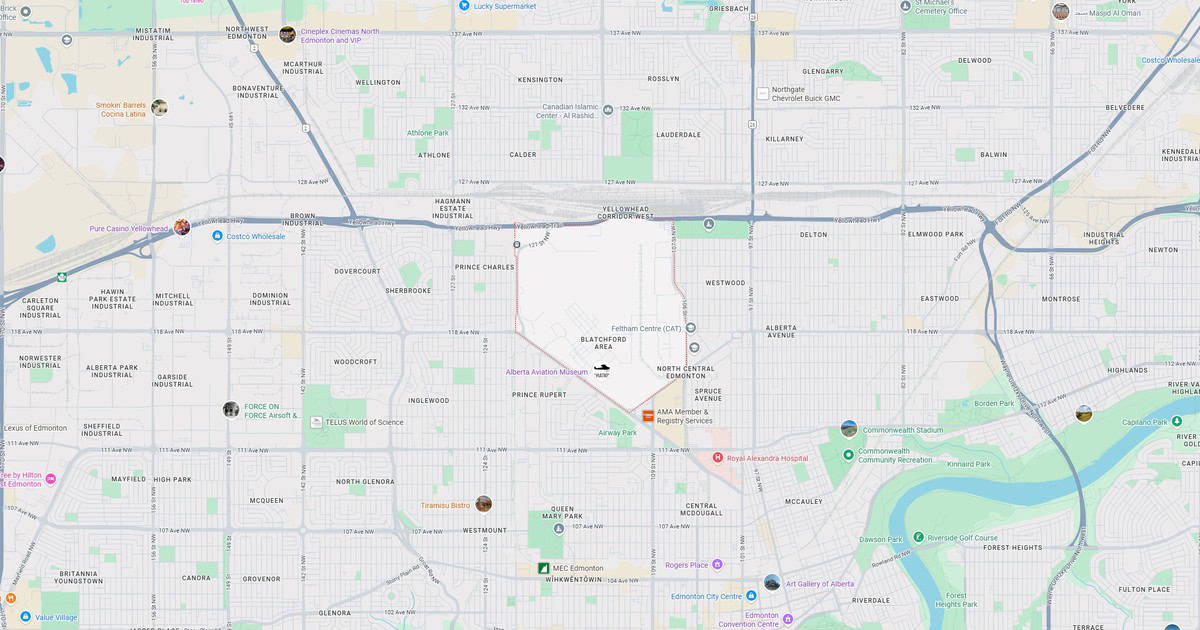 A detailed map of Edmonton, Alberta, highlighting key neighborhoods, parks, and landmarks such as Commonwealth Stadium, Rogers Place, and the Edmonton River Valley. Perfect for city navigation and local exploration.