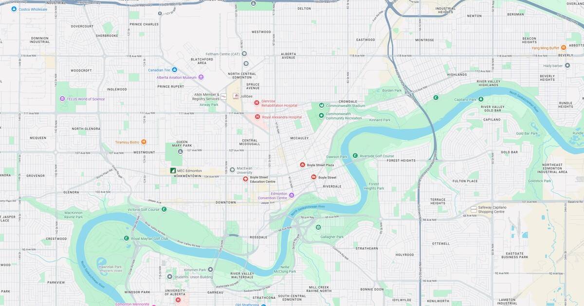 Detailed city map of Edmonton with parks, rivers, schools, and major landmarks highlighted for navigation.
