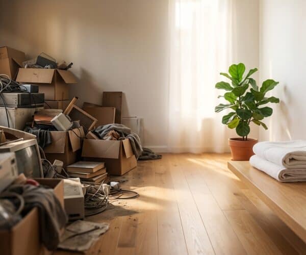 Disorganized room with packed boxes and electronics, bright and airy space, minimal decor, tidy shelf with towels and vase, fresh and clean interior, natural light ambiance.