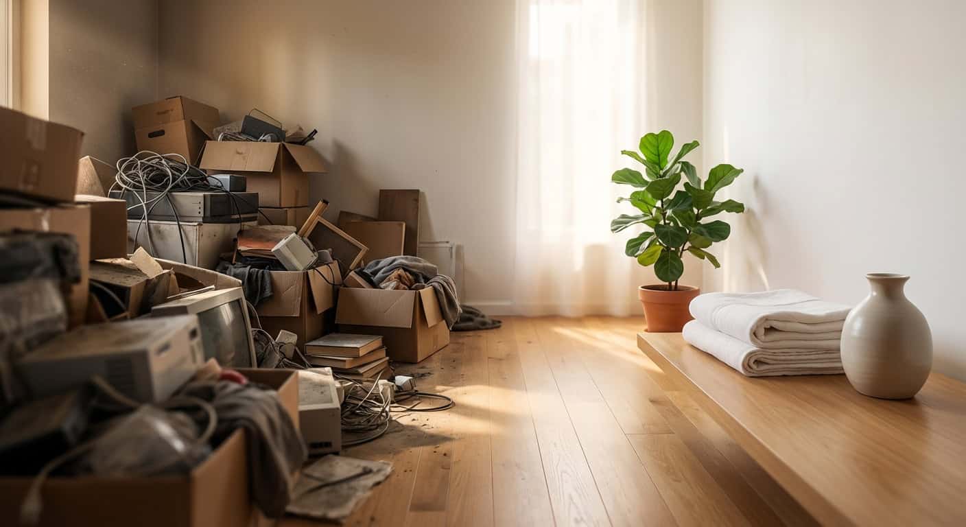 Disorganized room with packed boxes and electronics, bright and airy space, minimal decor, tidy shelf with towels and vase, fresh and clean interior, natural light ambiance.