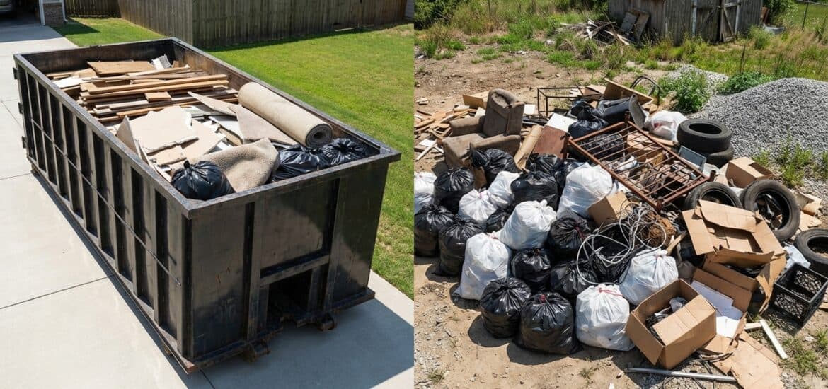 Trash and debris in a yard, including tires and cardboard boxes.