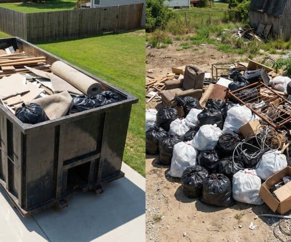 Trash and debris in a yard, including tires and cardboard boxes.