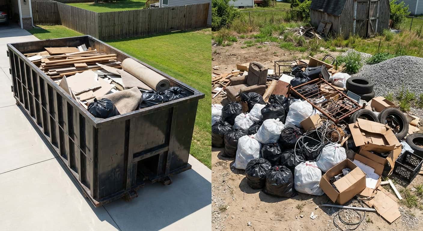 Trash and debris in a yard, including tires and cardboard boxes.