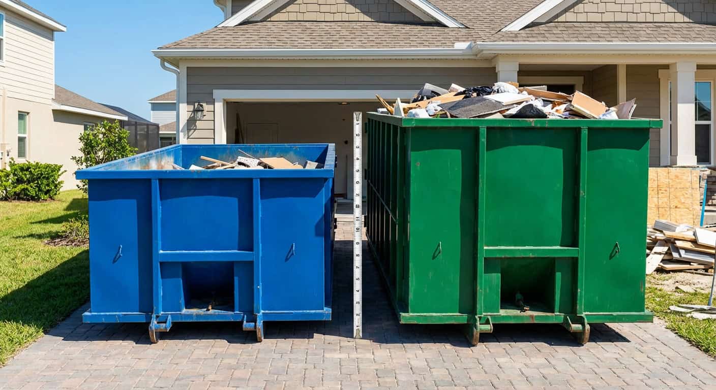 Blue and green dumpsters filled with trash outside a suburban home, ready for waste collection.