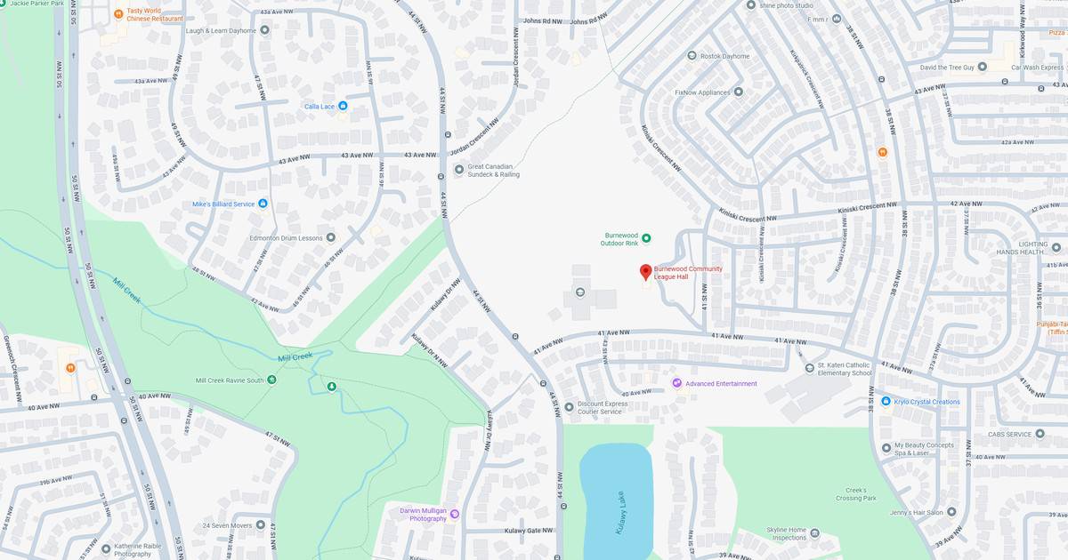 Detailed map showing streets, parks, and water features in a residential area.
