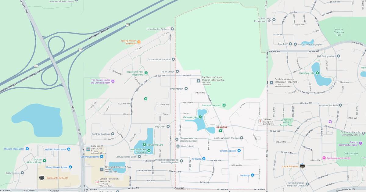 Detailed map showing streets, lakes, parks, and community facilities in a suburban residential area.