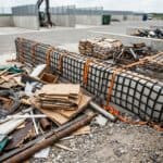 Construction debris, scrap metal, and waste materials scattered on a rooftop or industrial site.