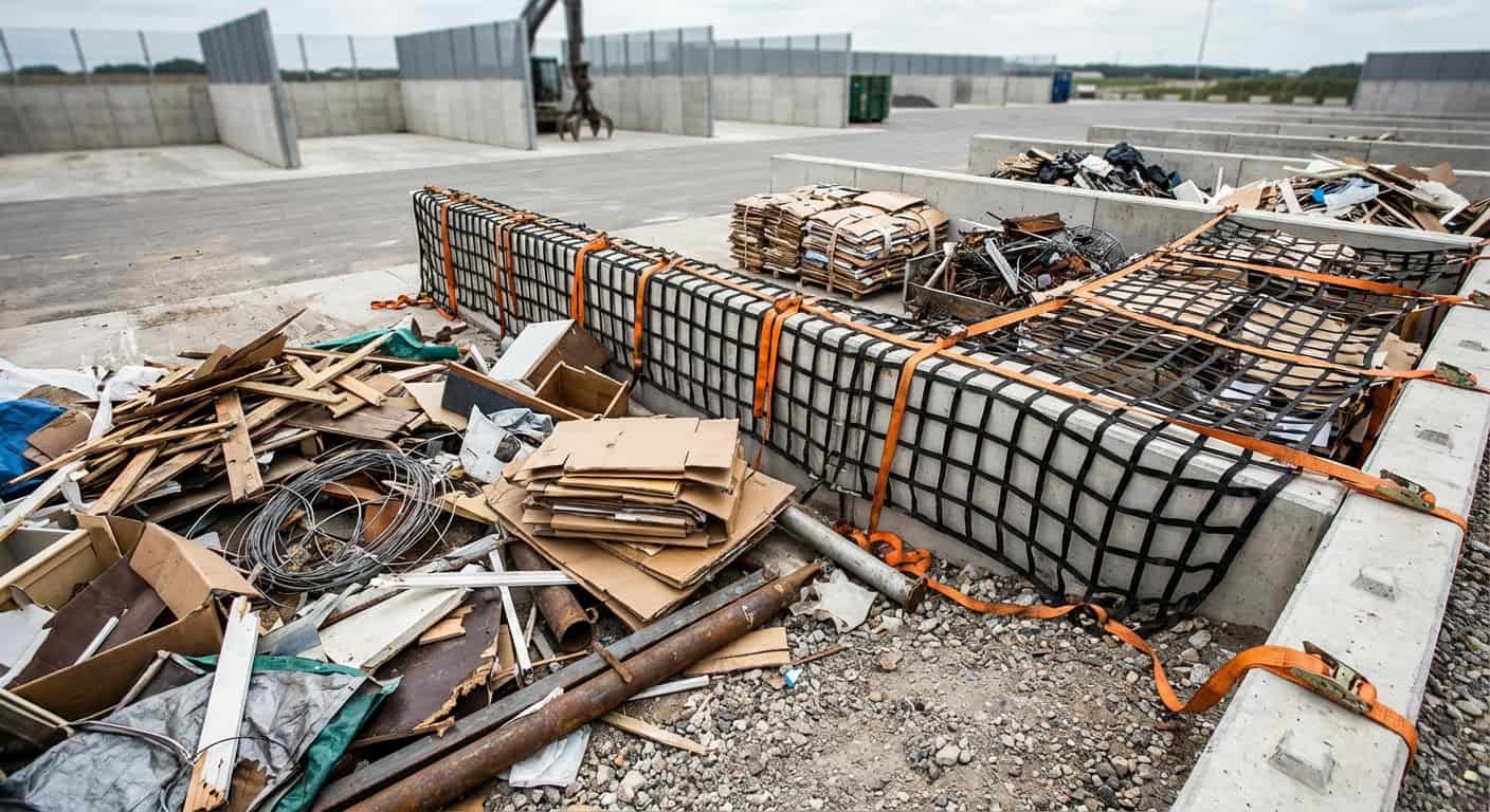 Construction debris, scrap metal, and waste materials scattered on a rooftop or industrial site.