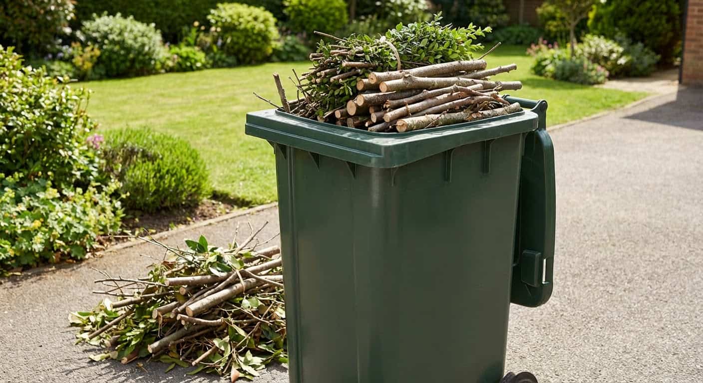 Green trash bin filled with collected garden branches and twigs for disposal or recycling.