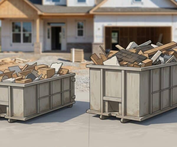 Construction debris in large dumpsters at a residential building site.