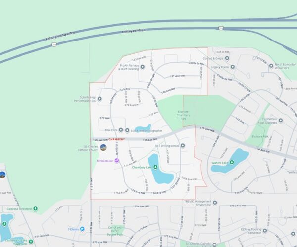 Detailed map of a residential neighborhood showing streets, lakes, and green spaces for urban planning and navigation.