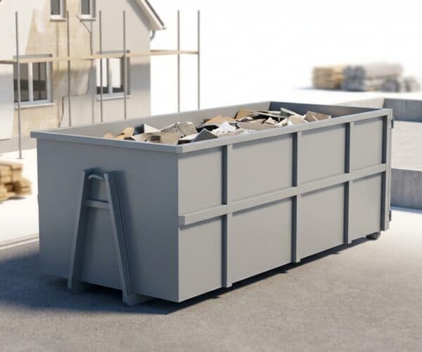 A large gray waste container filled with construction debris at an active building site, with stacks of wood and concrete structures in the background.
