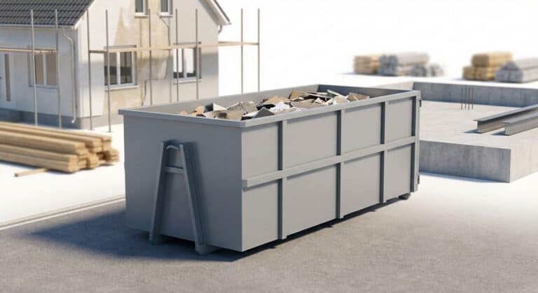 A large gray waste container filled with construction debris at an active building site, with stacks of wood and concrete structures in the background.