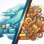 An illustration showing the contrast between cloud data transfer and mechanical gears representing data processing and automation.