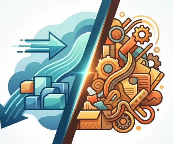 An illustration showing the contrast between cloud data transfer and mechanical gears representing data processing and automation.