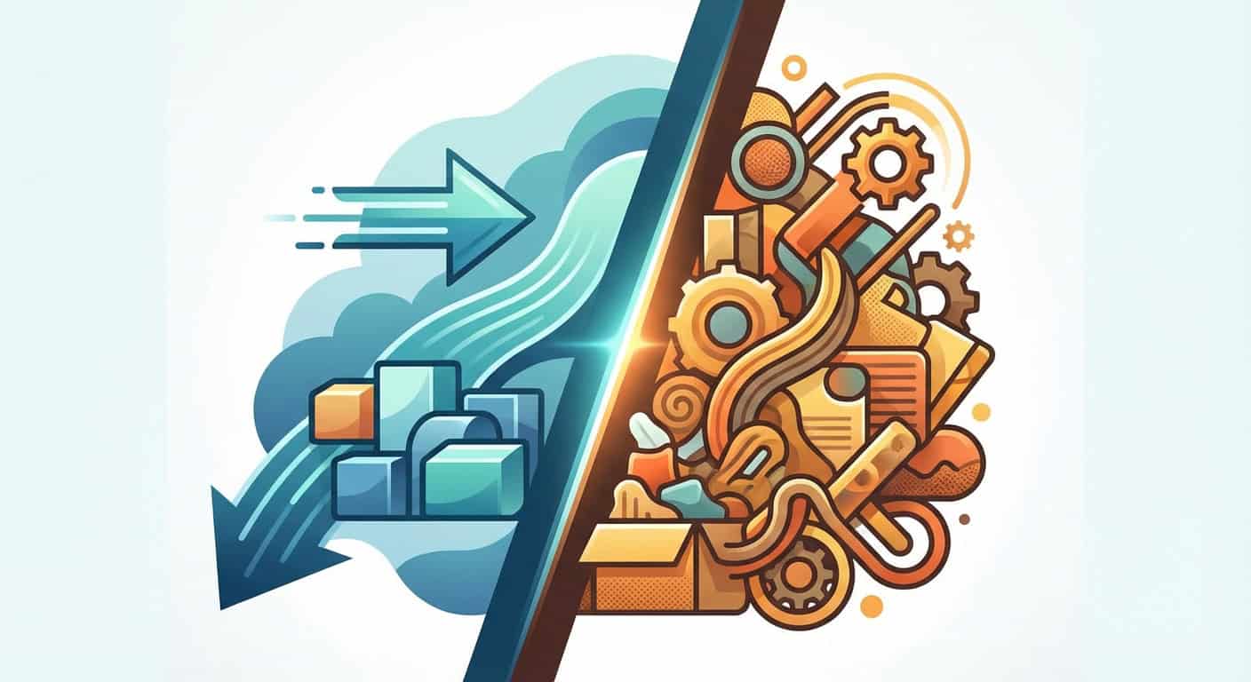 An illustration showing the contrast between cloud data transfer and mechanical gears representing data processing and automation.