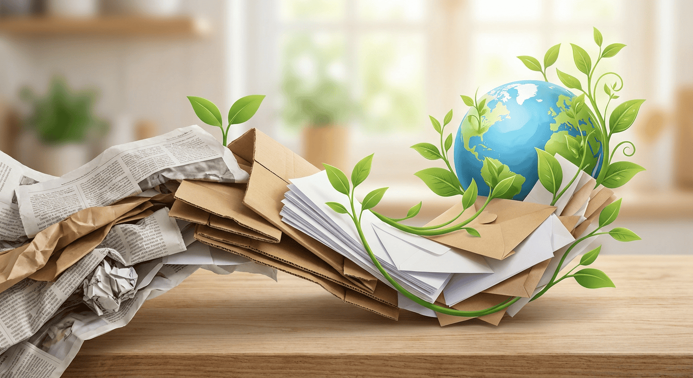 Recycling paper and environmental sustainability concept with paper waste, green leaves, and a globe symbolizing global ecological efforts.