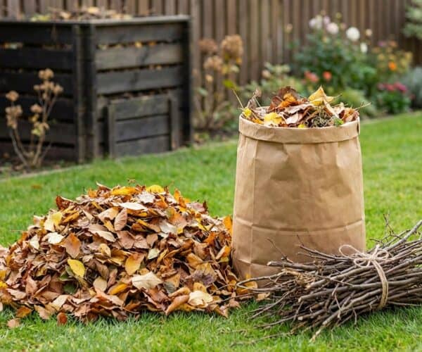 Bag of fallen autumn leaves with a pile and bundled twigs on a lush green lawn, ready for composting or yard cleanup.