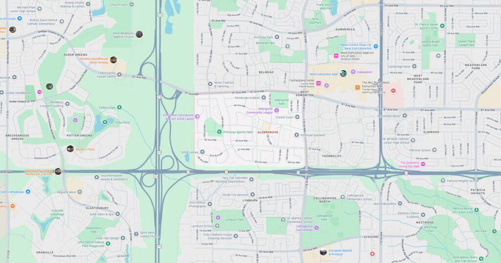 Detailed map of a city showing parks, roads, highways, and landmarks for navigation and urban planning.