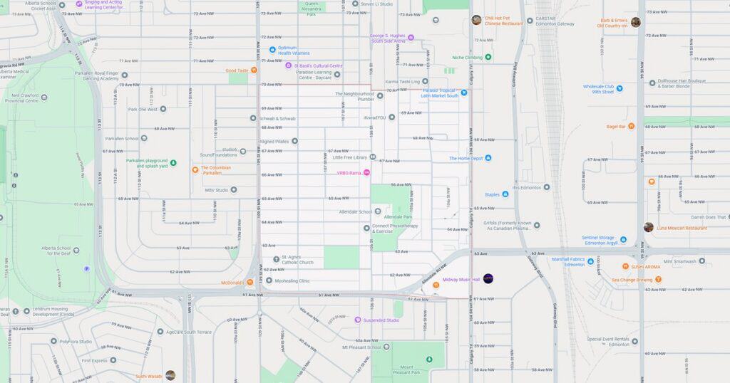 Detailed city street map showing roads, parks, and neighborhoods for navigation and urban planning.