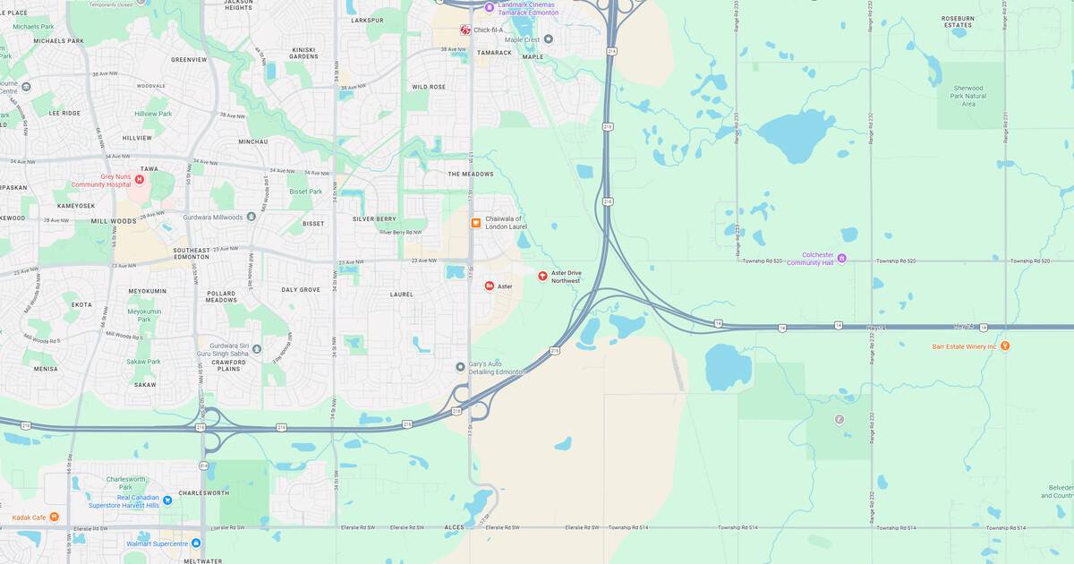 Detailed map showing roads, highways, and water bodies in a suburban region.