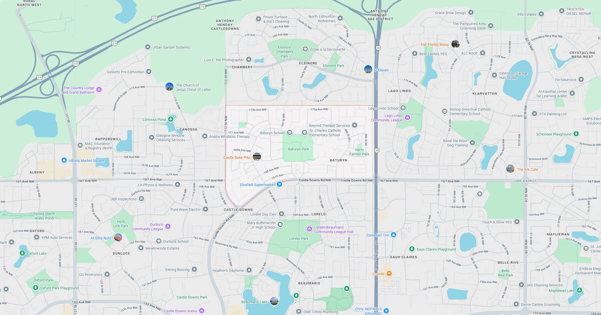 Detailed map showing residential streets, water bodies, and green spaces in a suburban area.