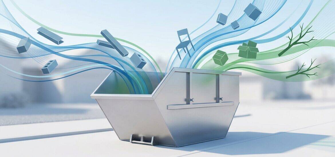 Recycling bin with colorful waste streams and digital icons representing waste sorting and environmental sustainability.