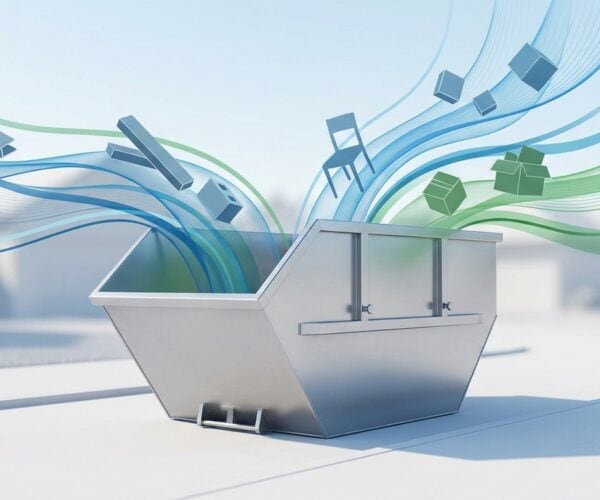 Recycling bin with colorful waste streams and digital icons representing waste sorting and environmental sustainability.