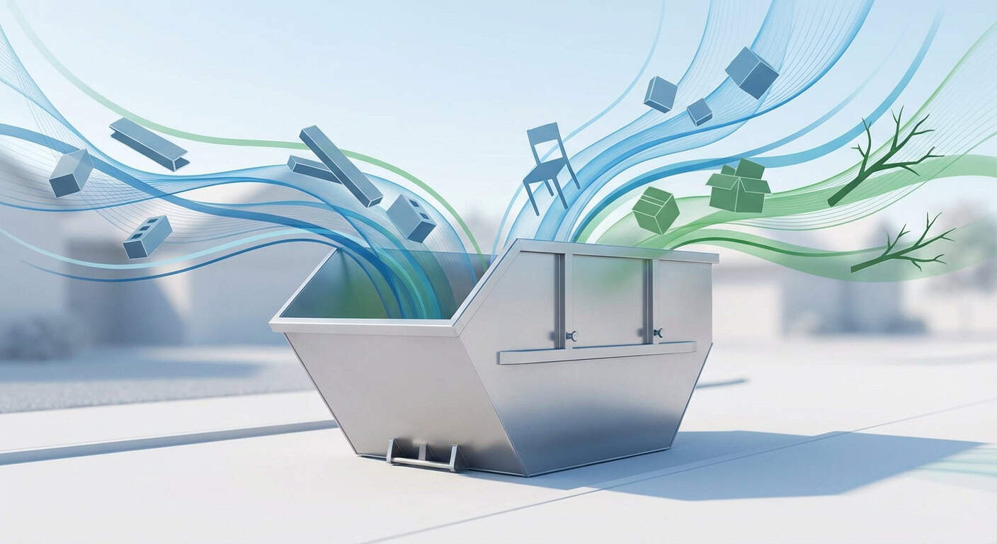 Recycling bin with colorful waste streams and digital icons representing waste sorting and environmental sustainability.