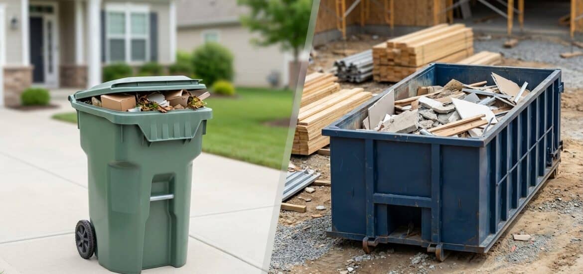 Recycling and waste management concepts with a green trash bin filled with household trash.