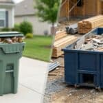 Recycling and waste management concepts with a green trash bin filled with household trash.