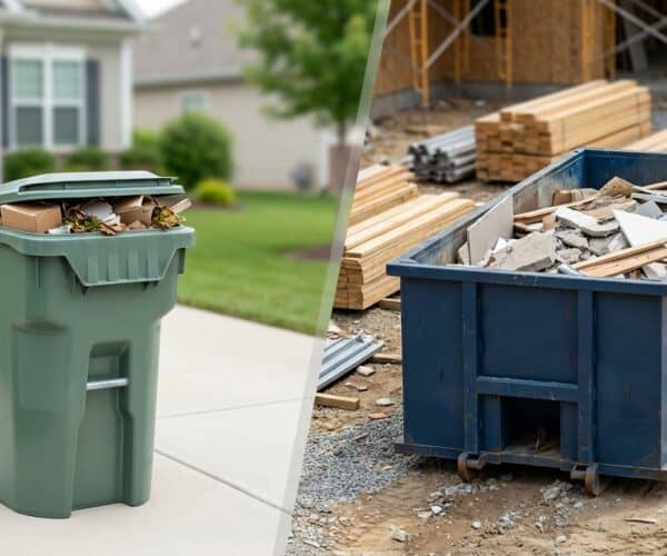 Recycling and waste management concepts with a green trash bin filled with household trash.