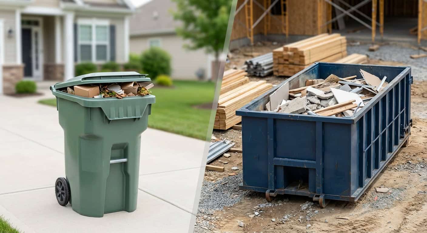 Recycling and waste management concepts with a green trash bin filled with household trash.